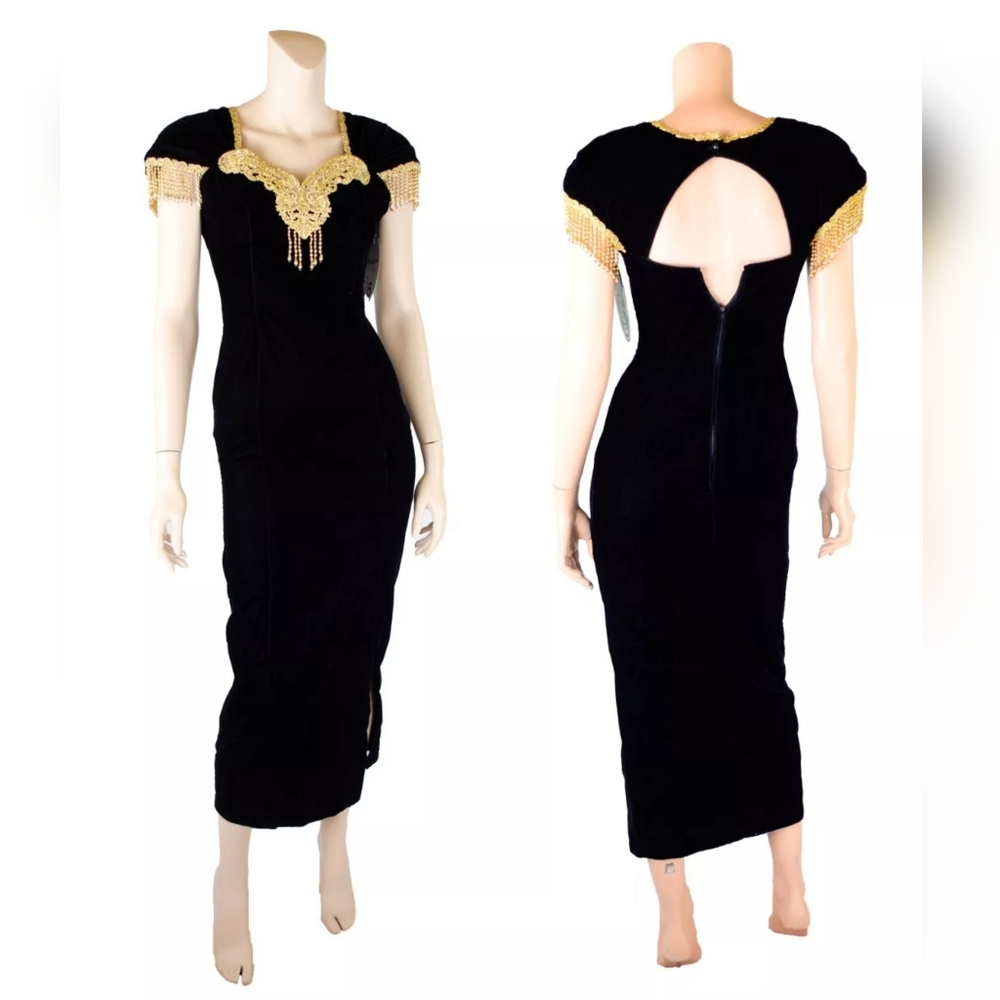 Peter Brand Vintage 80s Black Velvet Gold Beaded Party Prom Dress sz 5/6 NWT